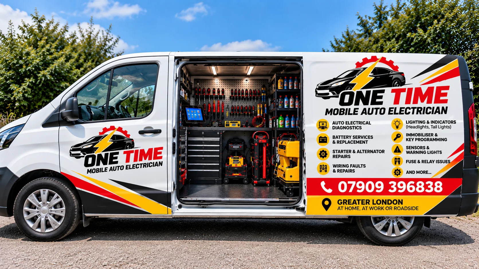 One Time Auto Electrical Repairs branded mobile workshop van with tools and diagnostic equipment on board, serving Greater London